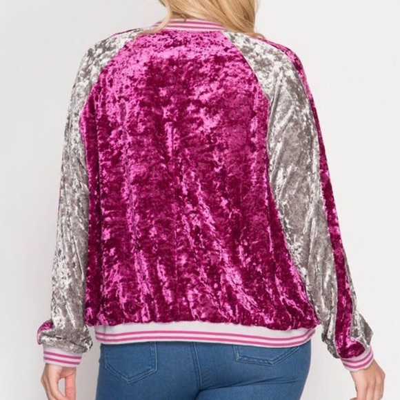 Plus Size Magenta & Silver Velvet Bomber Jacket - Picture 5 of 5